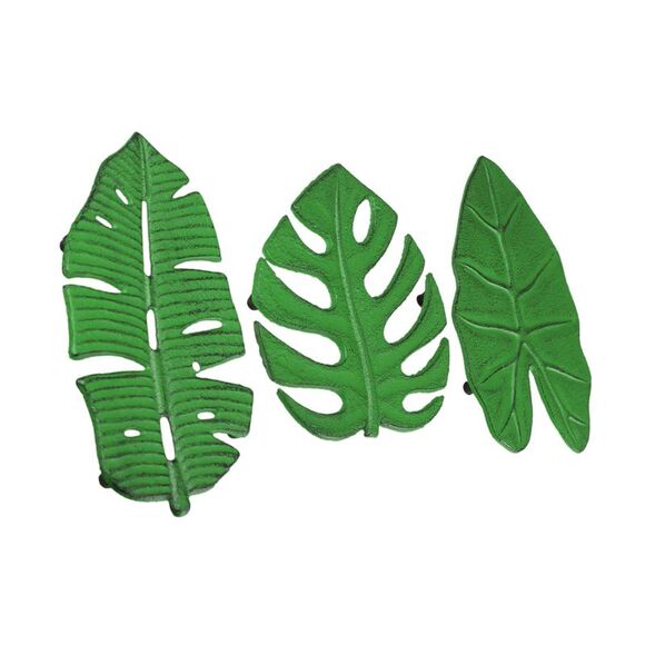Set of 3 Aged Green Cast Iron Tropical Leaf Kitchen Trivets / Wall Hangings - Picture 2 of 7